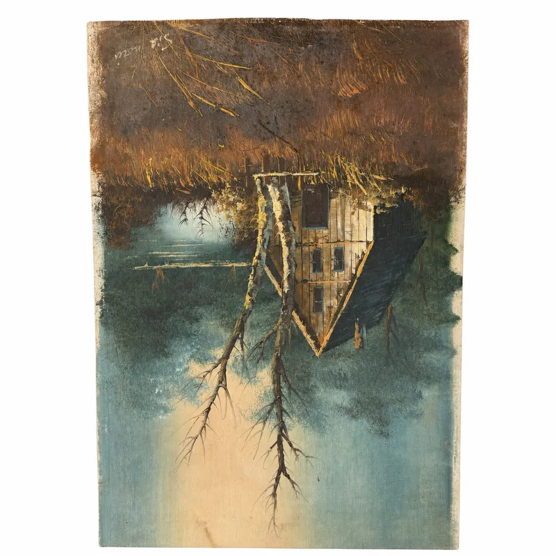 Retro Landscape with House and Branches — full view