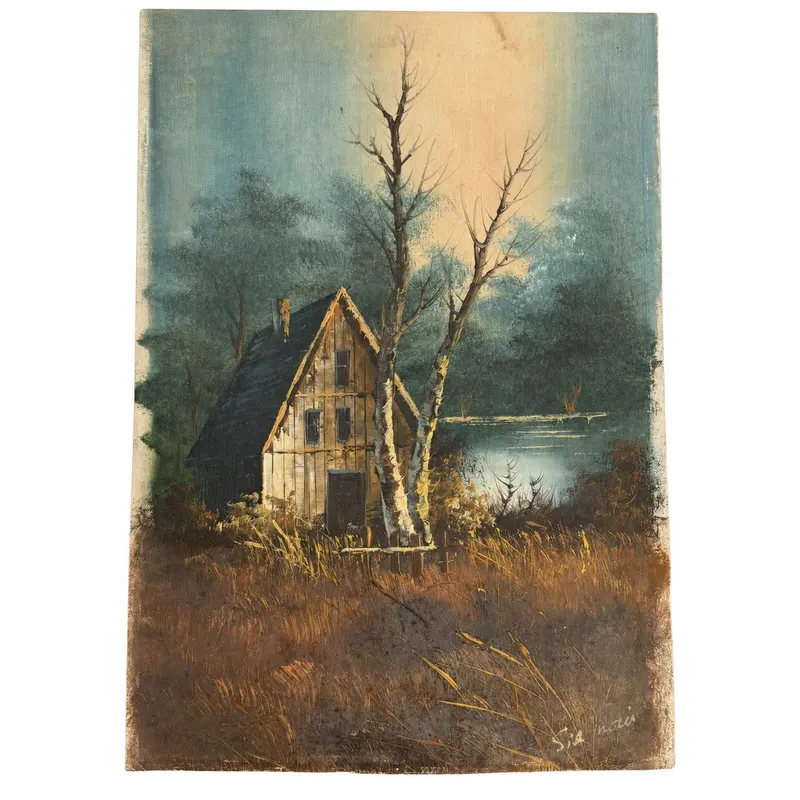Retro Landscape with House and Branches — full view