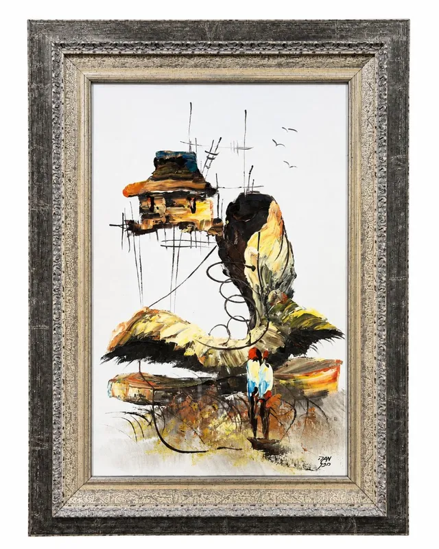 Framed abstract composition with architectural forms, birds and figures