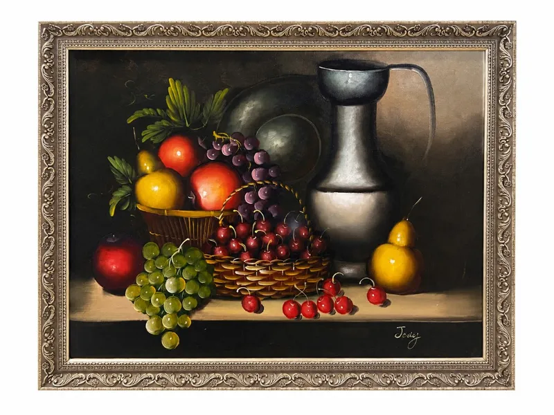 Framed still life with fruit baskets, grapes, cherries and a metal pitcher